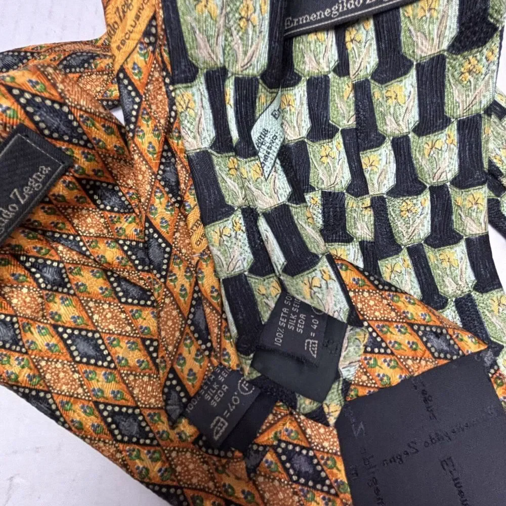 2 VTG ERMENEGILDO ZEGNA 100% Silk  Ties ITALY Designer Diamond Floral LOT EUC‎